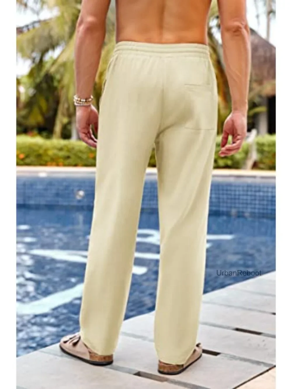 Men's Cotton Linen Pants Elastic Waist Drawstring Straight-Leg Loose Yoga